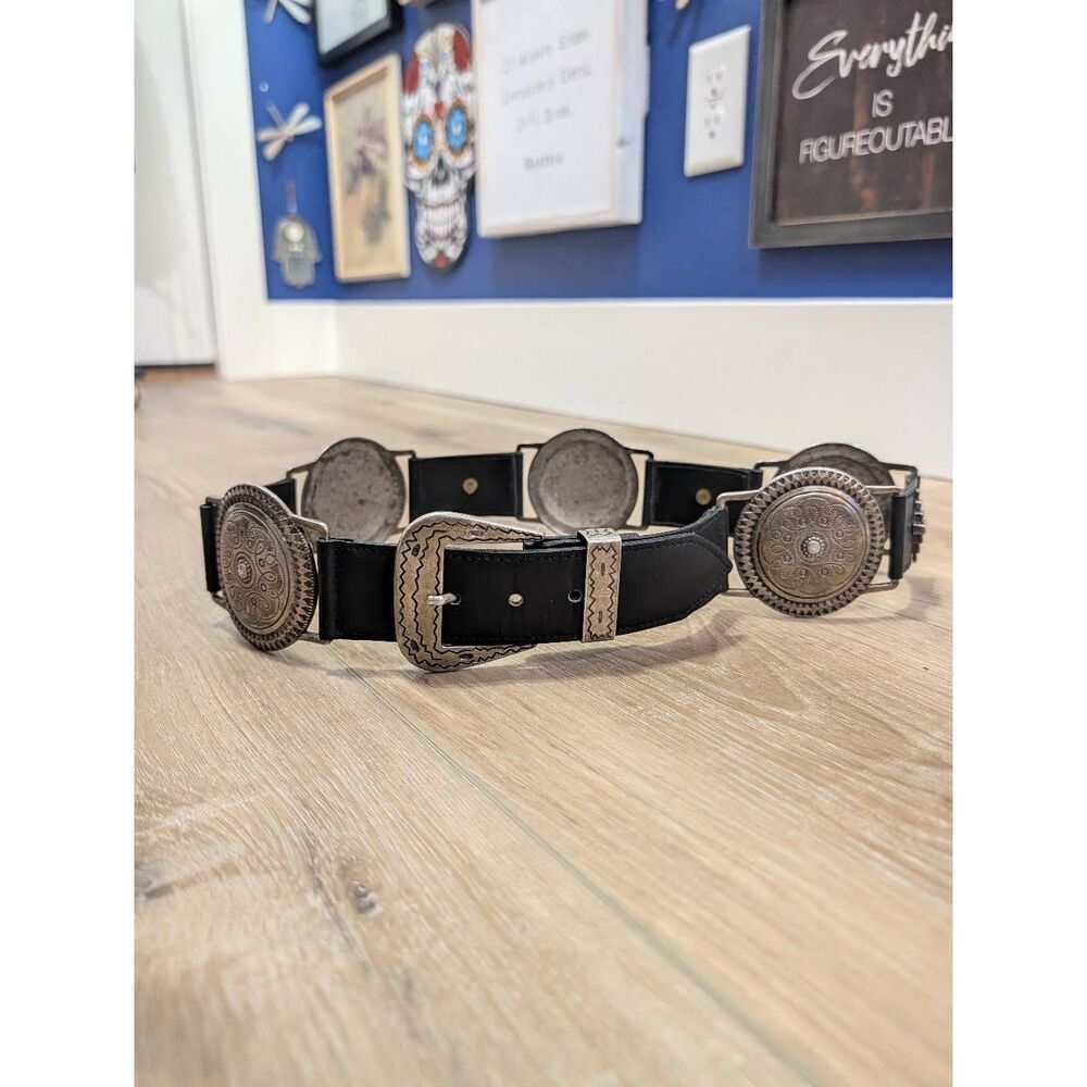 Vintage Avignon Western Concho Belt Black Silver Boho Size Large Spain Statement
